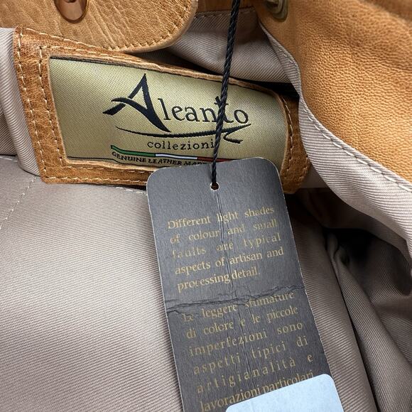 Aleanto Collezioni Italy Camel Leather Satchel Purse Handbag Studded Handle Read - Picture 9 of 15